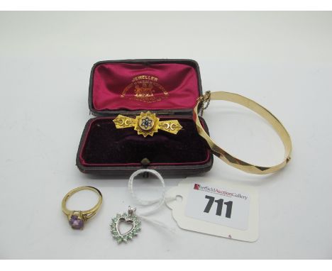 A Victorian 9ct Gold Bar Brooch, (Birmingham 1900) with small glazed locket back, in a fitted case; a modern Gems TV 9ct gold