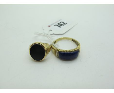 A 9ct Gold Signet Style Ring, with black oval panel (finger size M1/2); together with a large dress ring, (damage / misshapen