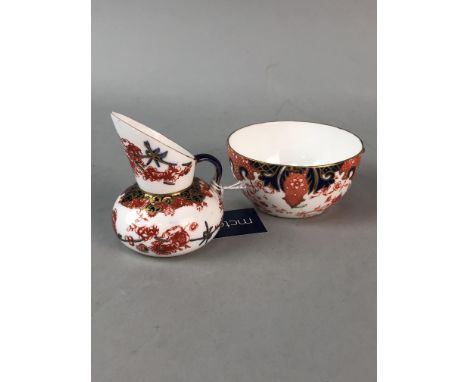 ROYAL CROWN DERBY SUGAR AND CREAM, along with cups and saucers, jars and a chamber candlestick