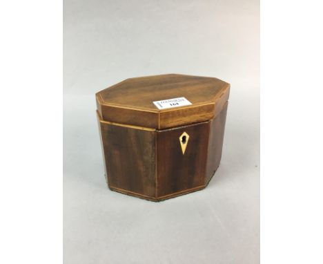 GEORGE III OCTAGONAL MAHOGANY CADDY, boxwood strung borders, bone escutcheon, 17cm wide, 12cm high