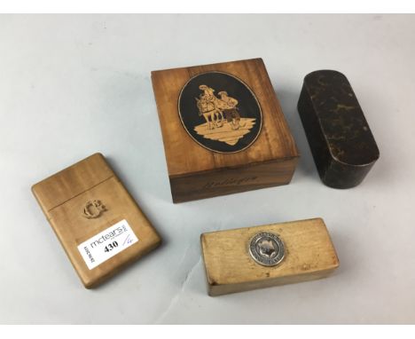 VICTORIAN WOODEN CARD CASE, along with a Victorian YMCA football league snuff box, paper mache snuff box inscribed 1839 to in