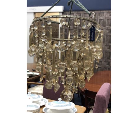 GLASS CIRCULAR THREE TIER CEILING LIGHT, hung with rows of prismatic drops, 35cm diameter