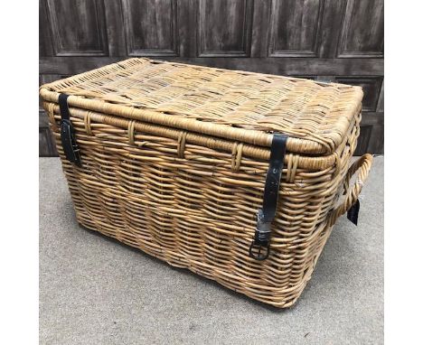 LARGE WICKER HAMPER, with leather straps, 76cm wide