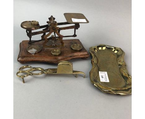 SET OF BRASS POSTAL SCALES, along with brass candle snuffers on tray