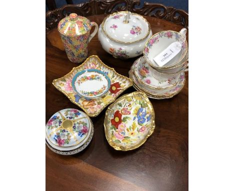 ROYAL WINTON CHINTZ LIDDED CUP, 13cm high, along with a jar and cover, cups, saucers and a dish