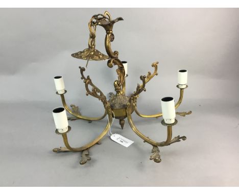 GILT FIVE BRANCH CHANDELIER, along with a planter on gilt chain (2)