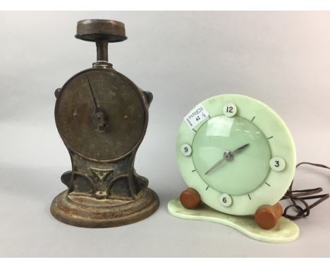 ART DECO BAKELITE MANTEL CLOCK, along with two sets of vintage scales