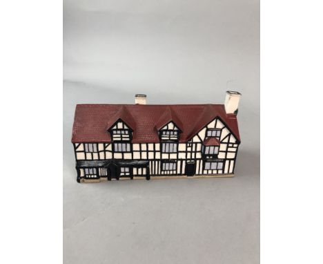 W.H COBB MODEL OF SHAKESPEARE'S HOUSE, along with five clan pipers on wooden mounts, three parker pens, two thimbles, laquere