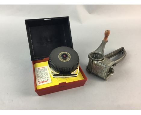 GARCIA MITCHELL 710 AUTOMATIC FLY REEL, including a Mouli grater, fishing rod in canvas bag and other items