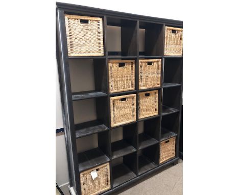 MODERN STAINED WOOD OPEN STORAGE SHELF UNIT, 150cm wide