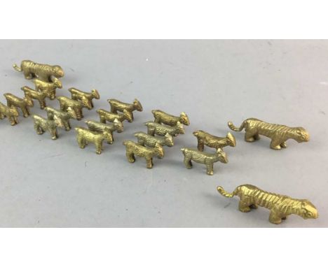 COLLECTION OF MINIATURE BRASS ANIMAL FIGURES, the largest 5cm long, along with a collection of Middle Eastern ceramics includ