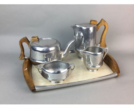 PIQUOT WARE FOUR PIECE TEA SERVICE, on tray