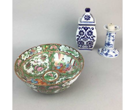 20TH CENTURY CHINESE FAMILLE ROSE BOWL, decorated with birds and foliage, 18cm diameter, along with a blue and white dwarf ca