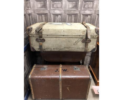 TWO VINTAGE TRAVEL TRUNKS AND A TEA TROLLEY