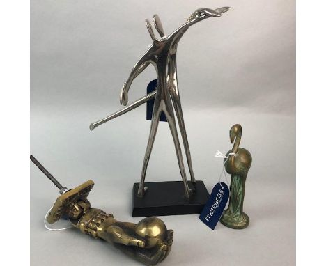 STEEL SCULPTURE OF TWO DANCING FIGURES, 29cm high, along with a brass door knocker and a bronzed figure of a crane (3)