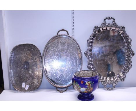 A selection of silver plated trays and a ceramic posy holder. Shipping unavailable 