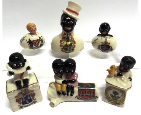 CRESTED CHINA - ASSORTED  comprising an Arcadian black boy and girl sitting on a tree trunk (Windsor); Arcadian black boy sit