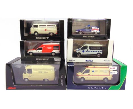 SIX 1/43 SCALE EMERGENCY VEHICLES  mainly ambulances, by Minichamps (3); Schuco (1); Norev (1); and Eligor (1), each mint or 