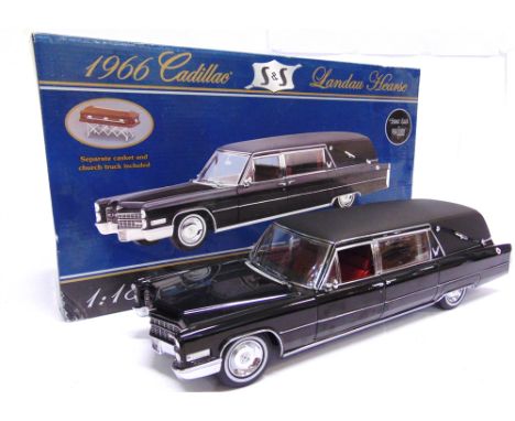 A 1/18 SCALE PRECISION MINIATURES NO.PMSC-08B, 1966 CADILLAC S &amp; S LANDAU HEARSE  black, mint or near mint and boxed.