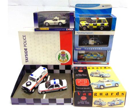 SIX 1/43 SCALE VANGUARDS POLICE &amp; HIGHWAYS AGENCY VEHICLES  including two two-model sets, each mint or near mint and boxe