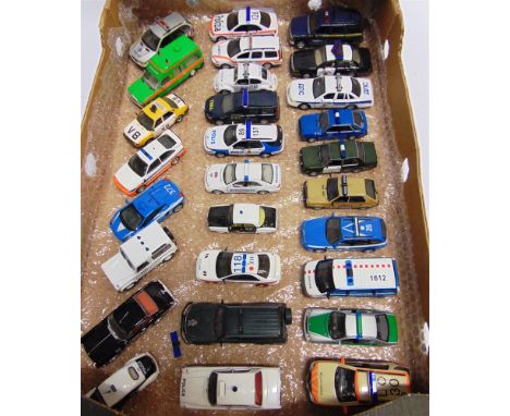 TWENTY-EIGHT 1/43 SCALE DIECAST MODEL POLICE &amp; OTHER EMERGENCY VEHICLES  most mint or near mint, all unboxed.