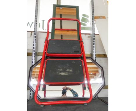 A tall painted pine framed mirror, hexagonal mirror and a pair of step ups 