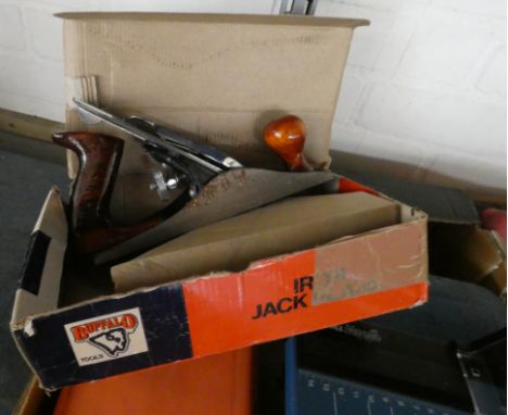 Two large boxes of tools, socket sets, planes, etc, one tool box with contents, garden fork, spade and a set of roof bars 