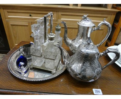 Six bottle plated cruet, plated teapot, matching coffee pot, circular tray and condiments 