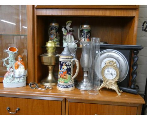 Barometer, oil lamp, beer steins, Staffordshire figures, clock etc 