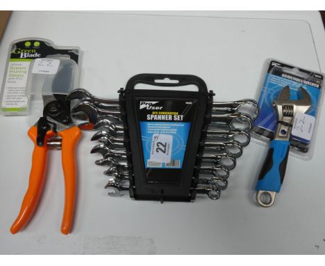 A new eight piece combination spanner set, a new 6" adjustable wrench and new bypass pruning shears  