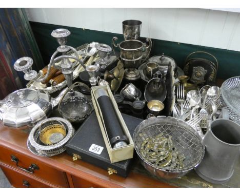 Trophy cups, cutlery, plated items, telescope, horse brasses and other oddments 