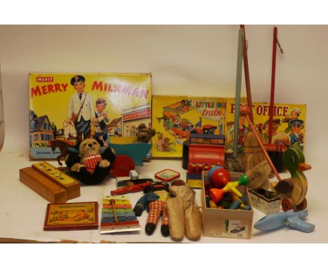 Post-War Games and Toys, Including wooden pull-along examples, Merit Merry Milkman game, Bestime Little Noddy's train game, s