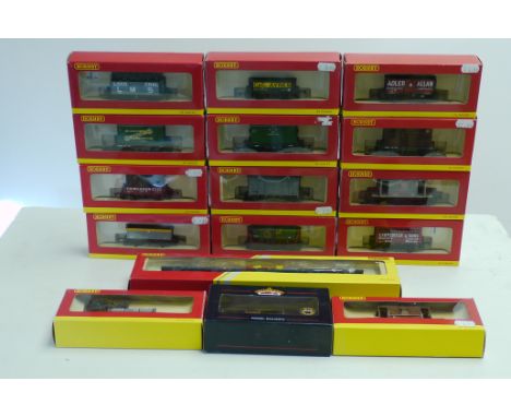 Hornby 00 Gauge Rolling Stock,  including R127 Castrol Tank Wagon (4), R6424 Car Transporter and various open trucks, Van  an