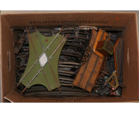 A Mixed Box of O Gauge Clockwork Rails and Other Items, including Bing wooden-sleeper track, small bridge and points, Chad Va