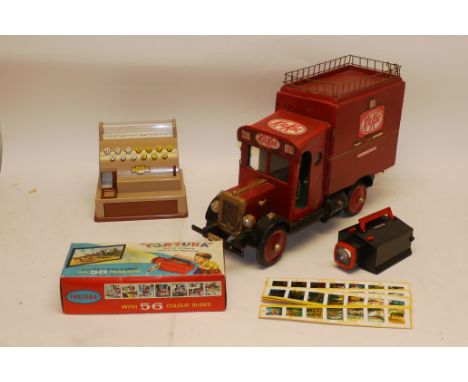 Scratch Built Model Van, Fortuna Projector and Casdon Shop Till, A wooden scratch built vintage Kit- Kat van 20" long, boxed 