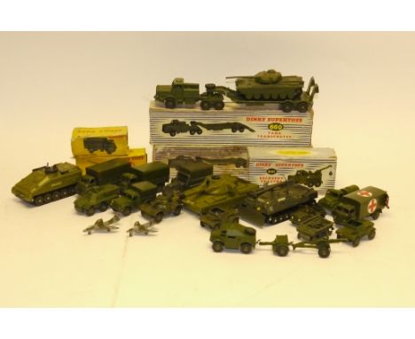 Play-Worn Military Dinky Toys and Supertoys, Including, 697 Field Gun Set, 660 Tank Transporter(2), 661 Recovery Tractor, 623