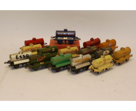Hornby O Gauge Tank Wagons, Fifteen tankers (all different) on T3 or T4 bases, including Power Ethyl, Pratts (orange), Redlin