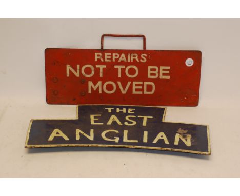 Railway Locomotive 'Front End' Plates, comprising a red-on-white double-sided 'Repairs - Not to be Moved' plate 19" x 7" with