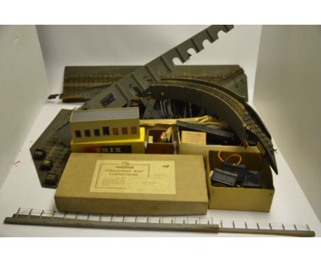 Trix 00 Gauge pre-war Track and Accessories and part of 3-rail layout, Trix Bakelite track and points (qty in two large track
