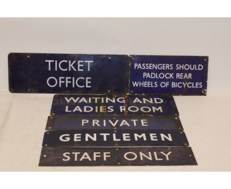 A Set of Six Blue/White BR Station Signs, comprising Enamelled plates 'Waiting and Ladies Room', 'Gentlemen', 'Ticket Office'