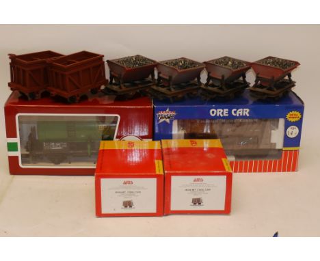 Gauge 1 Rolling Stock by Various Makers, including 4 boxed narrow-gauge Iron Mt coal cars by AMS, 4 unboxed weathered side-ti