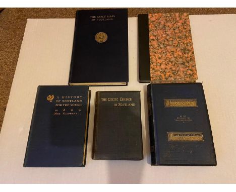 A Lot of five Scottish books which includes titles and authors: A History of Scotland for the young by Mrs Oliphant, The Celt