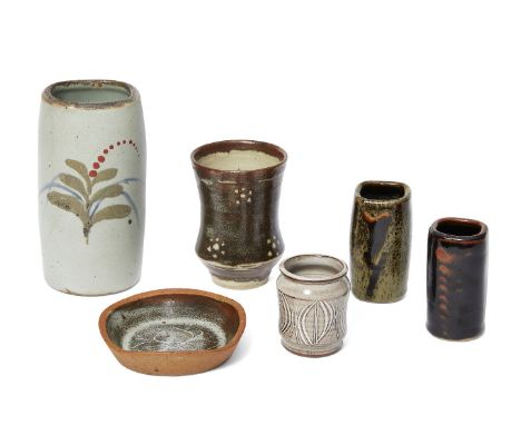 David Leach (1911-2005), a stoneware vase c.1970, impressed seals to base A cylindrical vase with squared neck with a foxglov