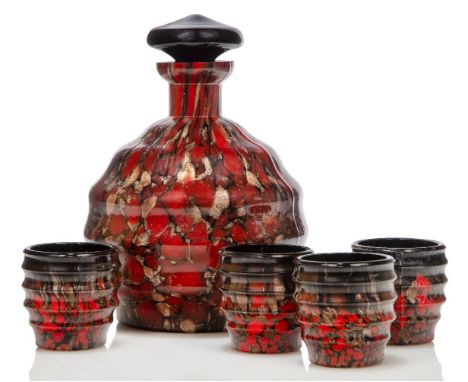 V. Nason & C, an 'Avventurina' range glass liquer set  c.1990, applied manufacturer's label to underside of decanter     In b