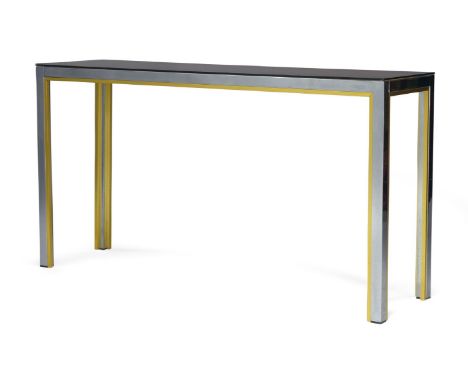 Attributed to Renato Xevi, a chromed and brass console table  The rectangular top inset with smokey glass, on chromed and bra