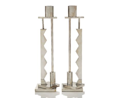 Ettore Sottsass (1917-2007), a pair of silver plated 'Silvershade' candlesticks, for Swid Powell  c.1984, each stamped ' Swid