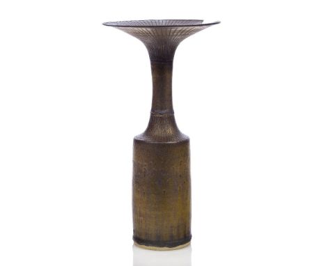 Dame Lucie Rie (1902-1995), a fine sgraffito vase c.1980, impressed seal to base A fine flared cylindrical stoneware vase, th