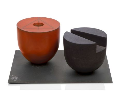 Tjok Dessauvage (Belgian 1946-), ceramic sculpture  2003, signed and dated to each item Two ceramic forms on an ebonised shee