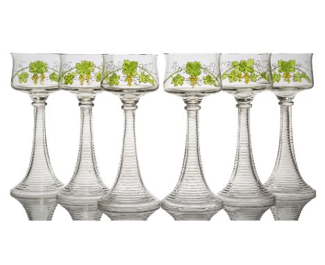 A Set of Six enamelled Bohemian hock glasses  c.1905 Each bowl painted in colours with trailing vine, leaves and berries, rai