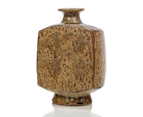 Bernard Leach (1887-1979), a stoneware bottle vase c.1965, impressed partial seals to base A stoneware slab built bottle vase
